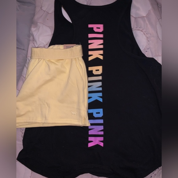 VS Pink SET Black Gradient Rainbow Tank & Matching Yellow Tulip 3” Shorts - Picture 1 of 6